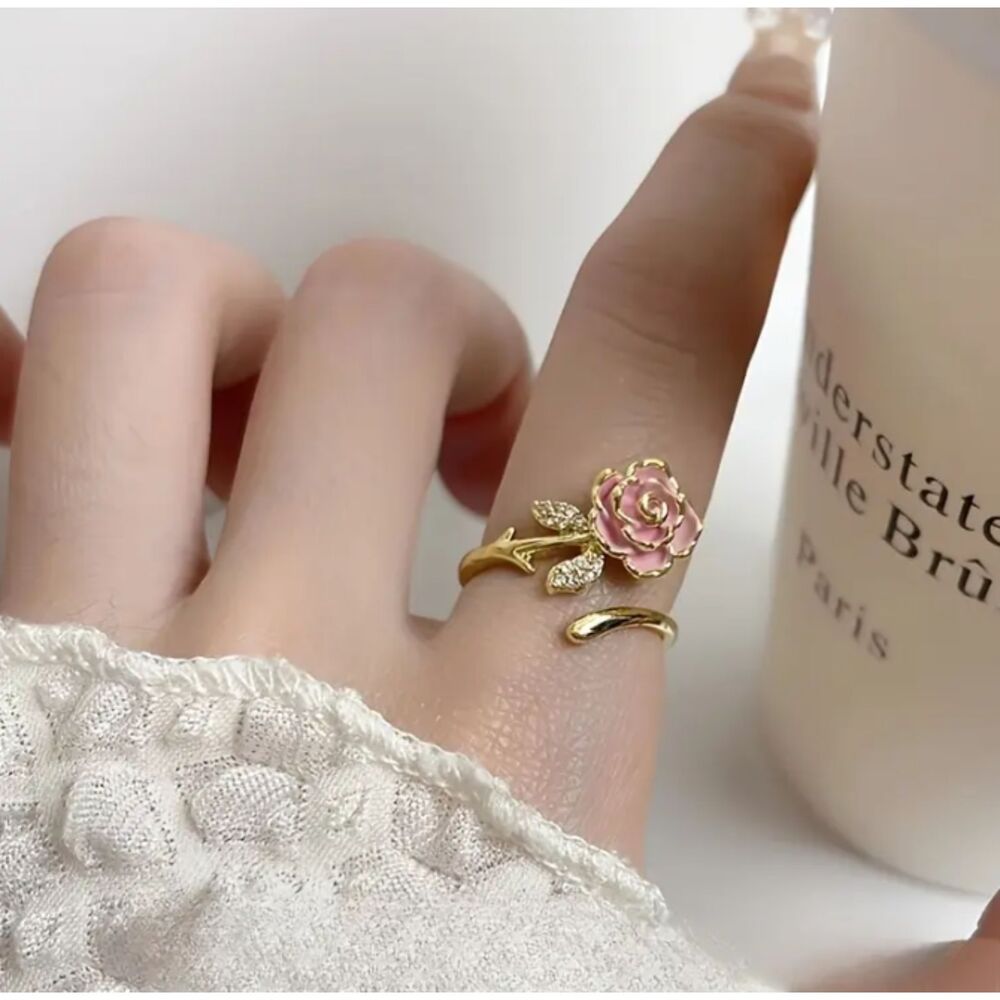 Lovely Pink Enamel Rose Flower Wrap Ring Gold Rhinestones Adjustable